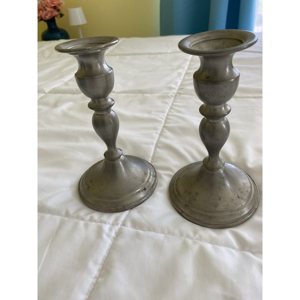 Vintage Web Pewter Candlestick Holders Pair Weighted Colonial Style American